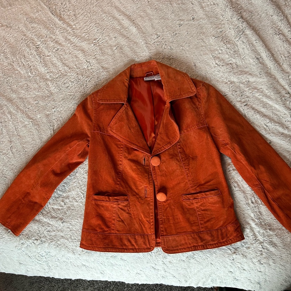 Vintage Chico's Burnt Orange/ Rust Orange 100% leather suede jacket